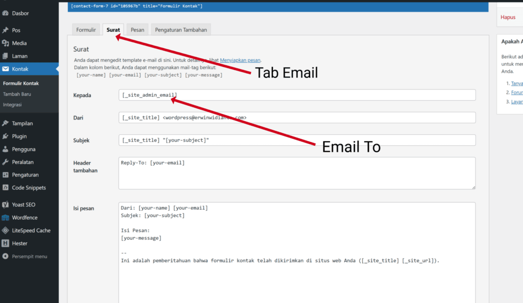 Konfigurasi Pengaturan Email contact form 7