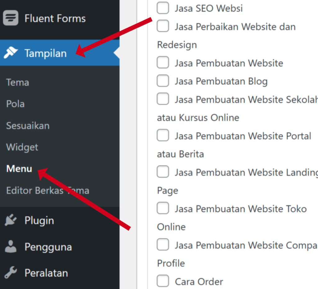 Akses Menu Pengaturan wordpress